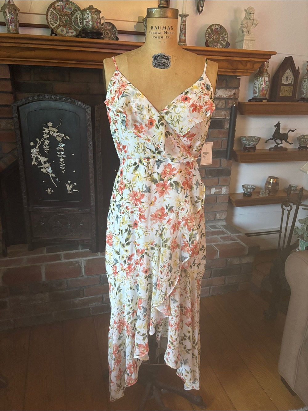 1. State White Floral High-Low Wrap Dress with Coral & Green Accents